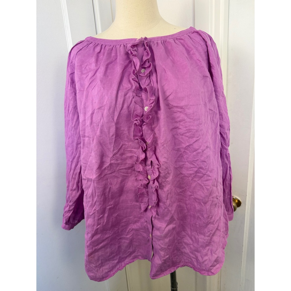 100% Linen Ruffle Ralph Lauren Purple Front Button Down Blouse 1X